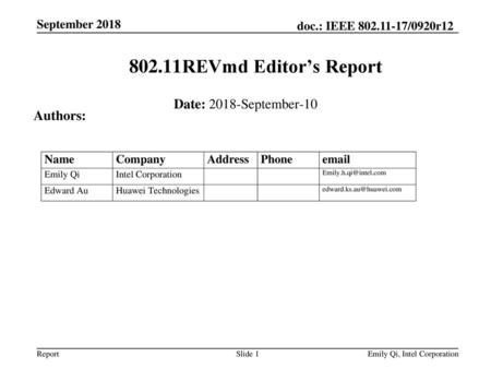 802.11REVmd Editor’s Report Date: 2018-September-10 Authors: