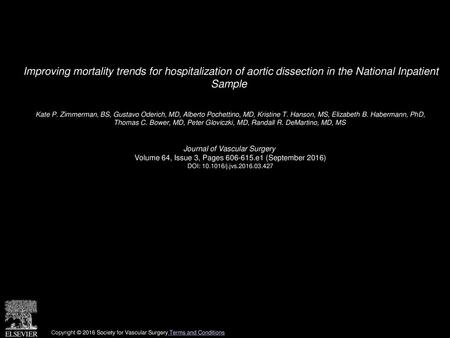 Improving mortality trends for hospitalization of aortic dissection in the National Inpatient Sample  Kate P. Zimmerman, BS, Gustavo Oderich, MD, Alberto.