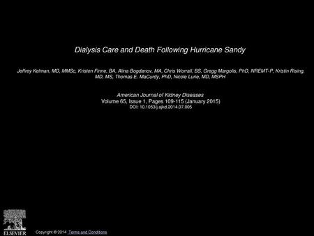 Dialysis Care and Death Following Hurricane Sandy