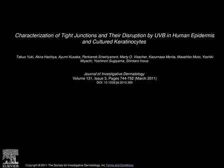 Characterization of Tight Junctions and Their Disruption by UVB in Human Epidermis and Cultured Keratinocytes  Takuo Yuki, Akira Hachiya, Ayumi Kusaka,