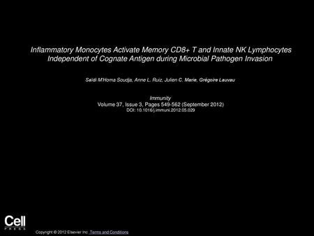 Inflammatory Monocytes Activate Memory CD8+ T and Innate NK Lymphocytes Independent of Cognate Antigen during Microbial Pathogen Invasion  Saïdi M'Homa.