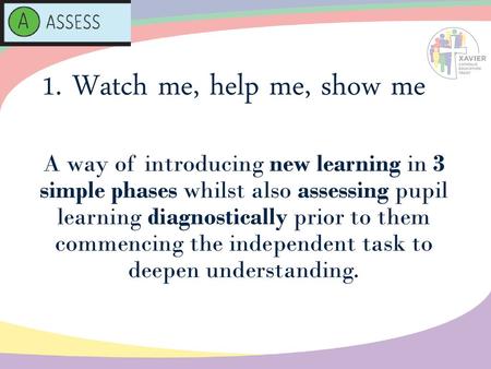 1. Watch me, help me, show me A way of introducing new learning in 3 simple phases whilst also assessing pupil learning diagnostically prior to them.