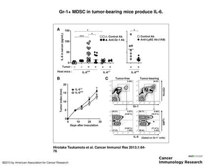 Gr-1+ MDSC in tumor-bearing mice produce IL-6.