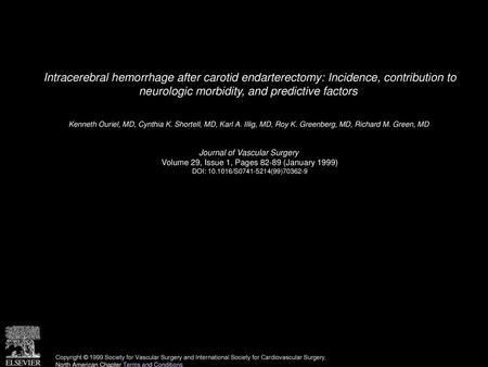 Intracerebral hemorrhage after carotid endarterectomy: Incidence, contribution to neurologic morbidity, and predictive factors  Kenneth Ouriel, MD, Cynthia.
