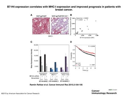 B7-H4 expression correlates with MHC-I expression and improved prognosis in patients with breast cancer. B7-H4 expression correlates with MHC-I expression.