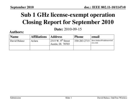 Sub 1 GHz license-exempt operation Closing Report for September 2010