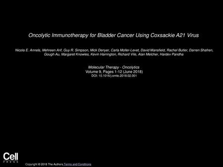 Oncolytic Immunotherapy for Bladder Cancer Using Coxsackie A21 Virus