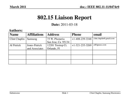 Liaison Report Date: Authors: March 2011