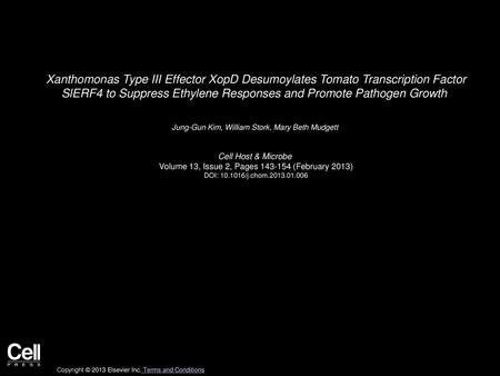 Xanthomonas Type III Effector XopD Desumoylates Tomato Transcription Factor SlERF4 to Suppress Ethylene Responses and Promote Pathogen Growth  Jung-Gun.