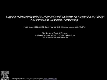 Modified Thoracoplasty Using a Breast Implant to Obliterate an Infected Pleural Space: An Alternative to Traditional Thoracoplasty  Habib Khan, MBBS,