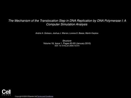 The Mechanism of the Translocation Step in DNA Replication by DNA Polymerase I: A Computer Simulation Analysis  Andrei A. Golosov, Joshua J. Warren, Lorena.