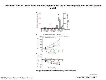 Treatment with BLU9931 leads to tumor regression in the FGF19-amplified Hep 3B liver cancer model. Treatment with BLU9931 leads to tumor regression in.