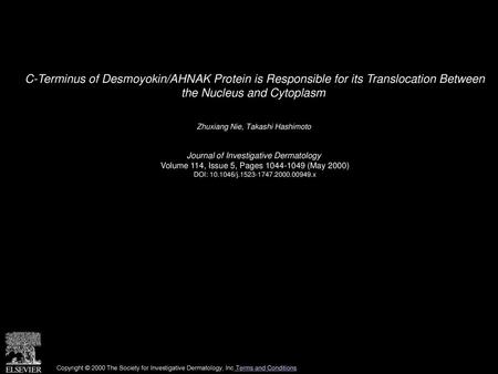 C-Terminus of Desmoyokin/AHNAK Protein is Responsible for its Translocation Between the Nucleus and Cytoplasm  Zhuxiang Nie, Takashi Hashimoto  Journal.