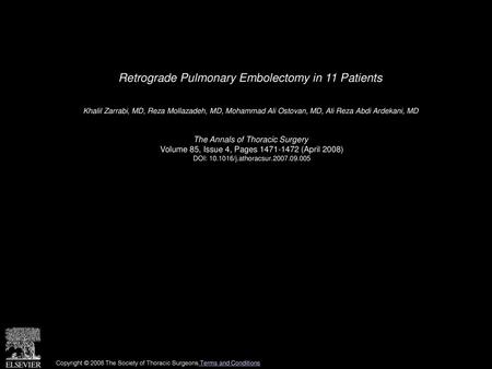 Retrograde Pulmonary Embolectomy in 11 Patients