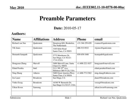 Preamble Parameters Date: 2010-05-17 Authors: Slide 1.