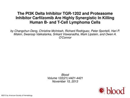 The PI3K Delta Inhibitor TGR-1202 and Proteasome Inhibitor Carfilzomib Are Highly Synergistic In Killing Human B- and T-Cell Lymphoma Cells by Changchun.