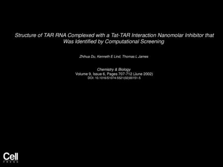 Structure of TAR RNA Complexed with a Tat-TAR Interaction Nanomolar Inhibitor that Was Identified by Computational Screening  Zhihua Du, Kenneth E Lind,