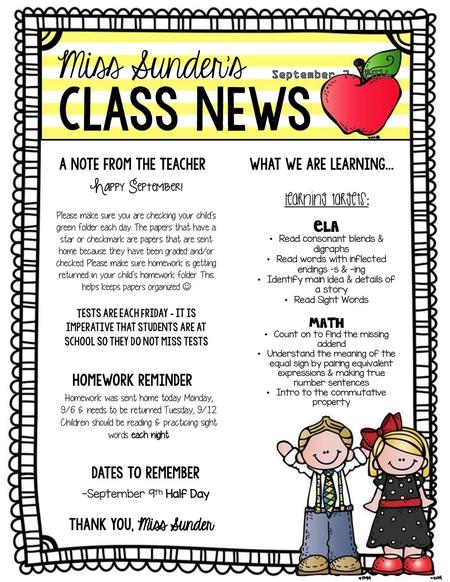 Class News Miss Sunder’s September 7, 2016 Learning Targets: