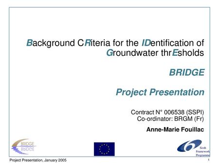 Background CRiteria for the IDentification of Groundwater thrEsholds BRIDGE Project Presentation Contract N° 006538 (SSPI) Co-ordinator: BRGM (Fr)