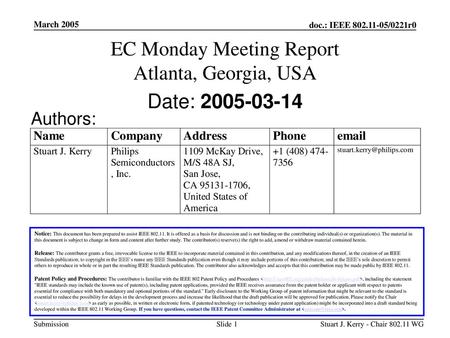 EC Monday Meeting Report Atlanta, Georgia, USA