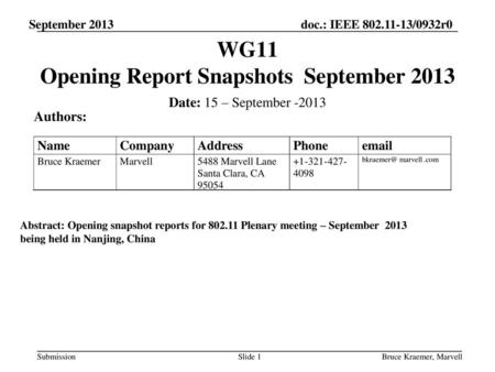 WG11 Opening Report Snapshots September 2013