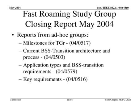Fast Roaming Study Group Closing Report May 2004