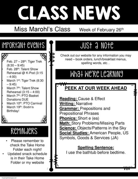 Miss Marohl’s Class Week of February 26th
