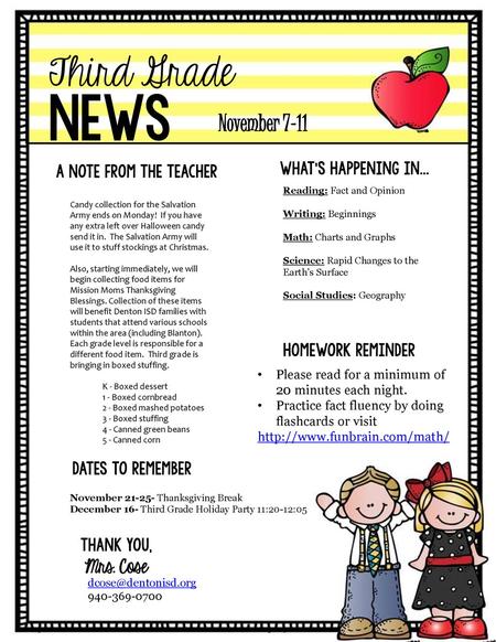 news Third Grade November 7-11 Mrs. Cose What’s Happening in...