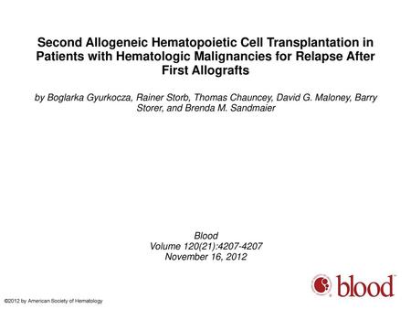 Second Allogeneic Hematopoietic Cell Transplantation in Patients with Hematologic Malignancies for Relapse After First Allografts by Boglarka Gyurkocza,