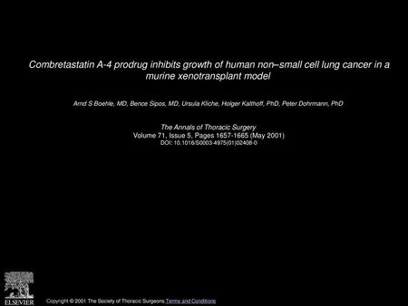 Combretastatin A-4 prodrug inhibits growth of human non–small cell lung cancer in a murine xenotransplant model  Arnd S Boehle, MD, Bence Sipos, MD, Ursula.