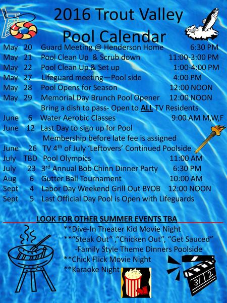 2016 Trout Valley Pool Calendar
