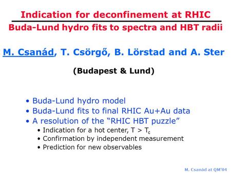M. Csanád at QM’04 Indication for deconfinement at RHIC M. Csanád, T. Csörgő, B. Lörstad and A. Ster (Budapest & Lund) Buda-Lund hydro fits to spectra.