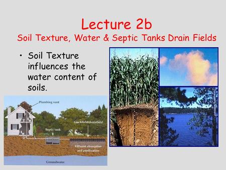 Lecture 2b Soil Texture, Water & Septic Tanks Drain Fields Soil Texture influences the water content of soils.