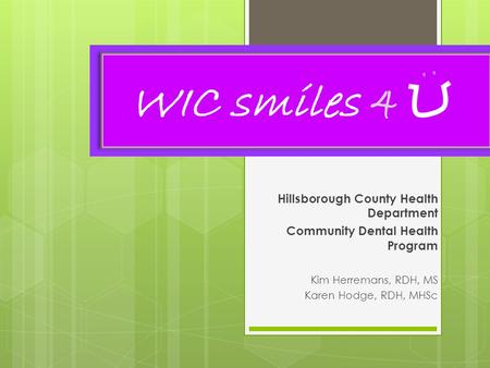 Hillsborough County Health Department Community Dental Health Program Kim Herremans, RDH, MS Karen Hodge, RDH, MHSc.