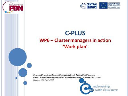 C-PLUS WP6 – Cluster managers in action ‘Work plan’ Responsible partner: Pannon Business Network Association (Hungary) C-PLUS – Implementing world-class.