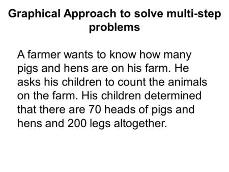 Graphical Approach to solve multi-step problems A farmer wants to know how many pigs and hens are on his farm. He asks his children to count the animals.