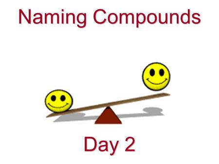 Naming Compounds Day 2 Working backwards: name to formula It’s possible to determine a formula from a name E.g. What is the formula of sodium oxide?
