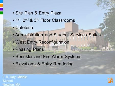 F. A. Day Middle School Newton, MA Site Plan & Entry Plaza 1 st, 2 nd & 3 rd Floor Classrooms Cafeteria Administration and Student Services Suites West.