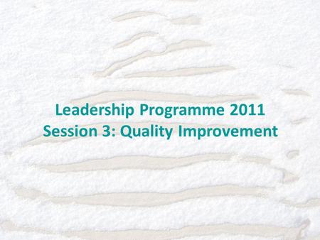 Leadership Programme 2011 Session 3: Quality Improvement.