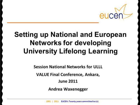 1991 | 2011 EUCEN: Twenty years committed to LLL Setting up National and European Networks for developing University Lifelong Learning Session National.