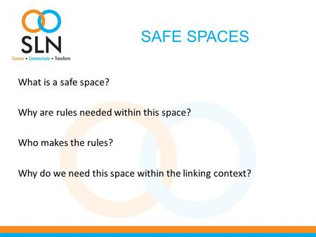 SAFE SPACES What is a safe space? Why are rules needed within this space? Who makes the rules? Why do we need this space within the linking context?