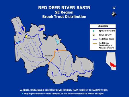 RED DEER RIVER BASIN SE Region Brook Trout Distribution N Saskatchewan Alberta LEGEND Species Present Town or City Red Deer River Red Deer/ Brooks Mgmt.