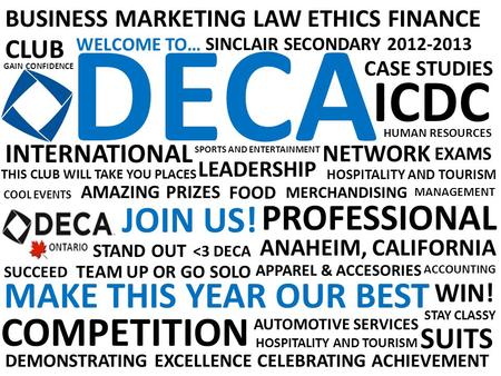 DECA WELCOME TO… BUSINESS MARKETING LAW ETHICS FINANCE CLUB DEMONSTRATING EXCELLENCE CELEBRATING ACHIEVEMENT SINCLAIR SECONDARY 2012-2013 COMPETITION CASE.