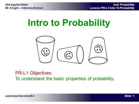 40S Applied Math Mr. Knight – Killarney School Slide 1 Unit: Probability Lesson: PR-L1 Intro To Probability Intro to Probability Learning Outcome B-4 PR-L1.
