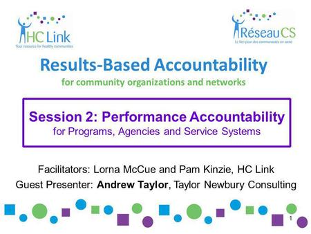 1 Facilitators: Lorna McCue and Pam Kinzie, HC Link Guest Presenter: Andrew Taylor, Taylor Newbury Consulting Results-Based Accountability for community.
