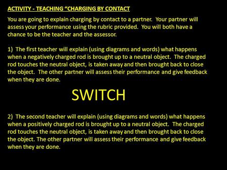 ACTIVITY - TEACHING “CHARGING BY CONTACT You are going to explain charging by contact to a partner. Your partner will assess your performance using the.
