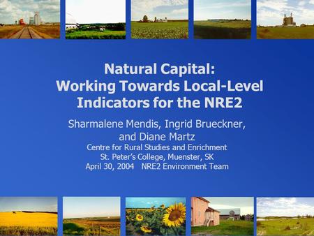 Natural Capital: Working Towards Local-Level Indicators for the NRE2 Sharmalene Mendis, Ingrid Brueckner, and Diane Martz Centre for Rural Studies and.