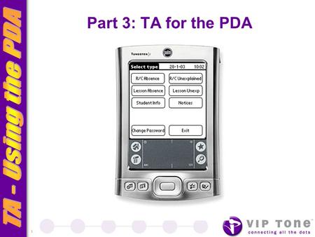 1 Part 3: TA for the PDA *******. 2 Introduction TA is an application designed to: Integrate with the host SIS (EDSAS) Provide a mobile solution to tracking.