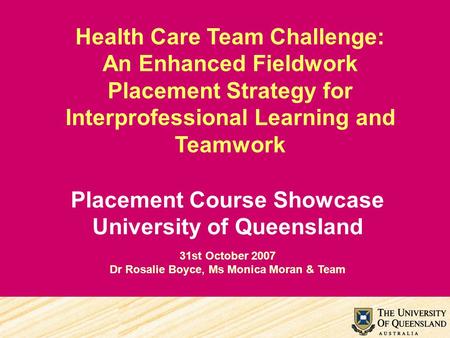 Health Care Team Challenge: An Enhanced Fieldwork Placement Strategy for Interprofessional Learning and Teamwork Placement Course Showcase University of.
