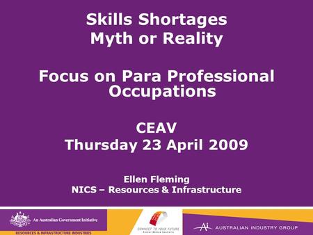Title here Skills Shortages Myth or Reality Focus on Para Professional Occupations CEAV Thursday 23 April 2009 Ellen Fleming NICS – Resources & Infrastructure.